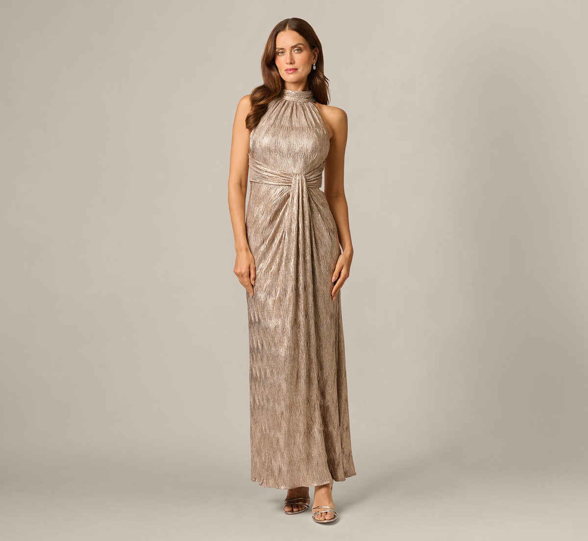 Crinkle Metallic Draped Stretch Halter Gown - Rosegold | Adrianna Papell