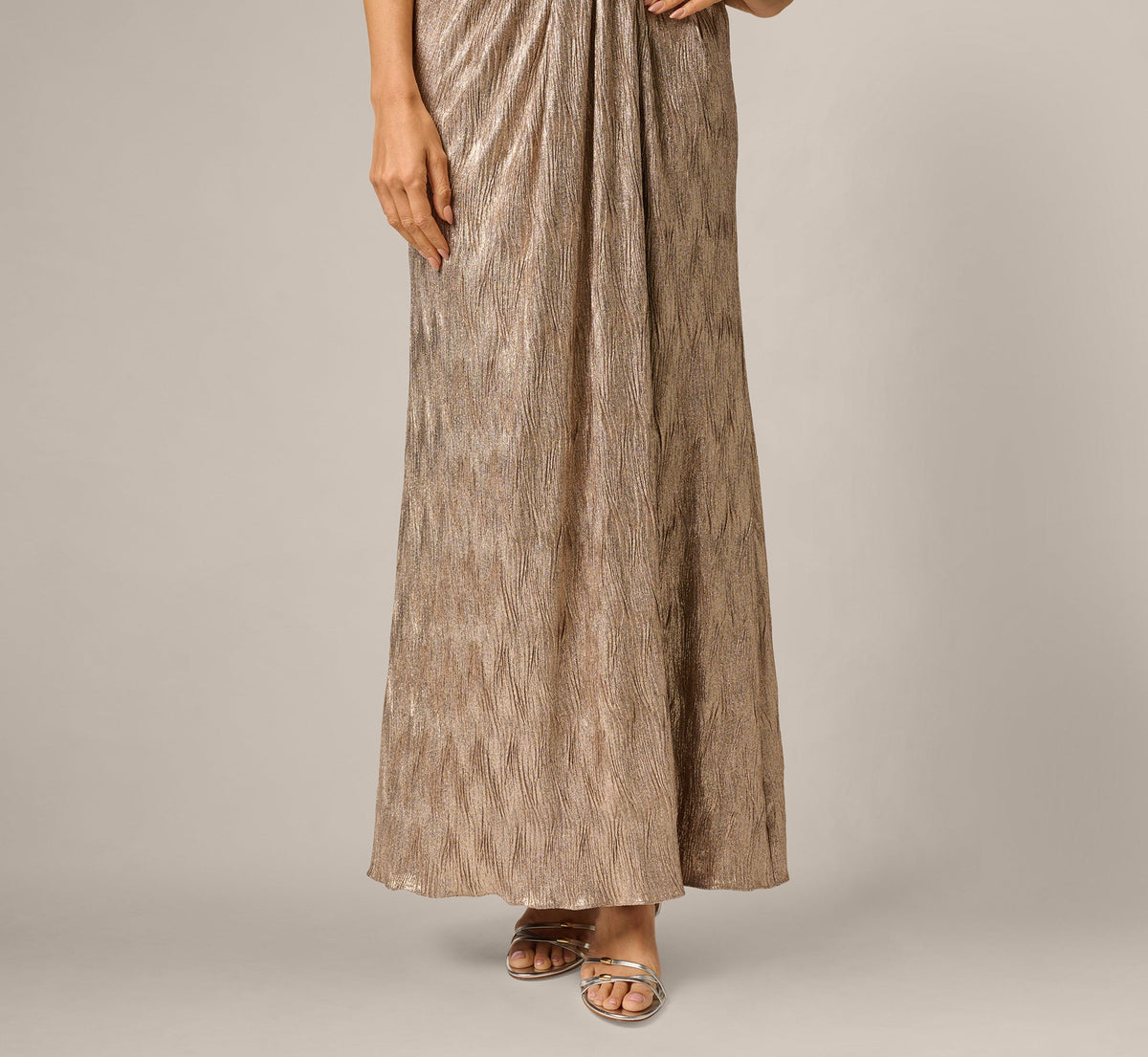 Crinkle Metallic Draped Stretch Halter Gown - Rosegold | Adrianna Papell