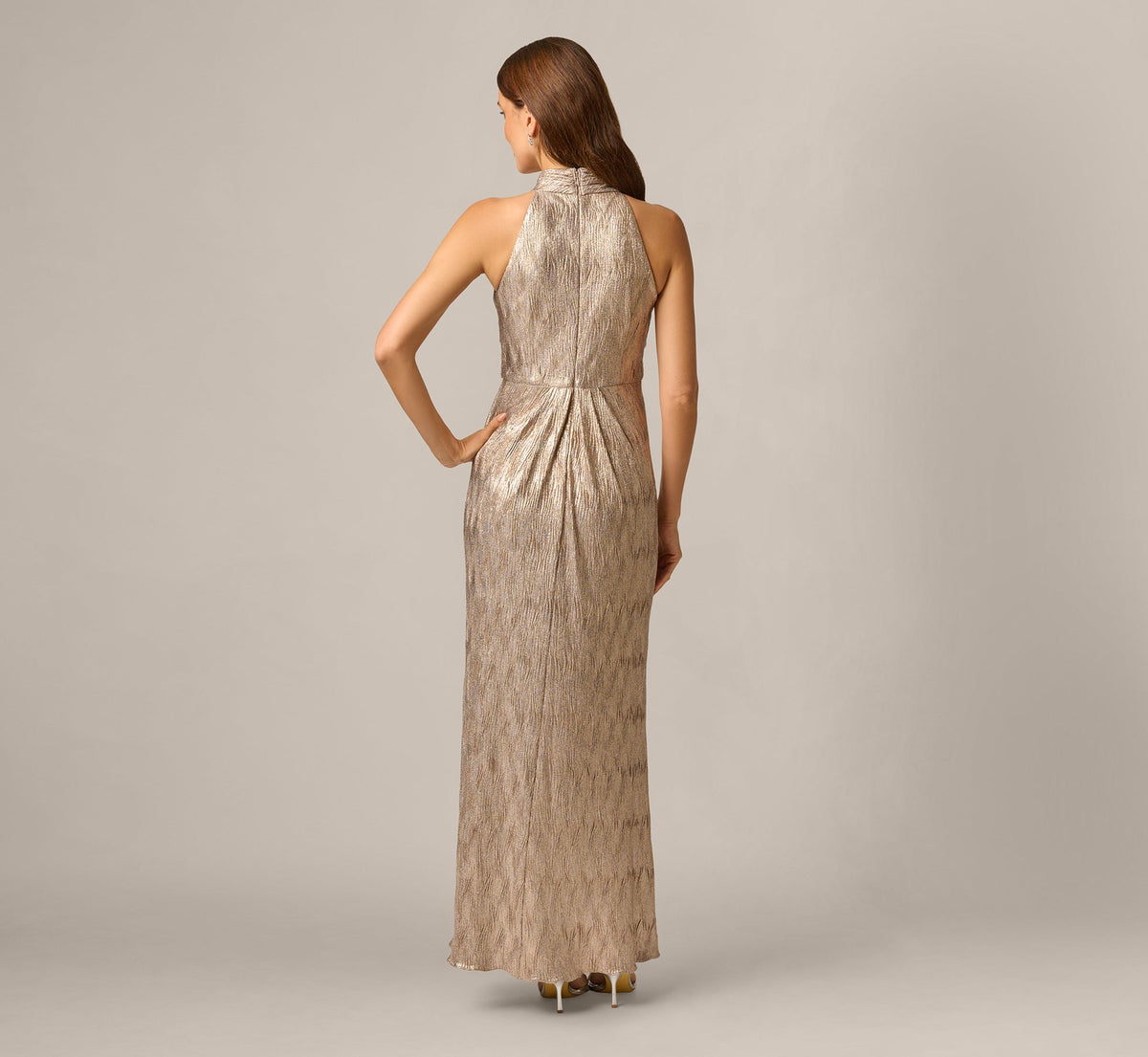 Crinkle Metallic Draped Stretch Halter Gown - Rosegold | Adrianna Papell