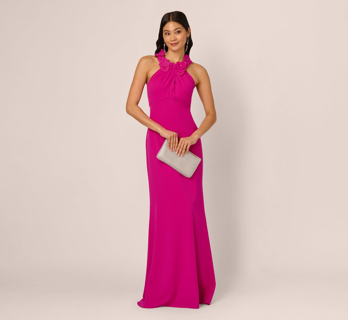 Floral Embellished Crossover Halter Gown - Pink Flambe | Adrianna Papell