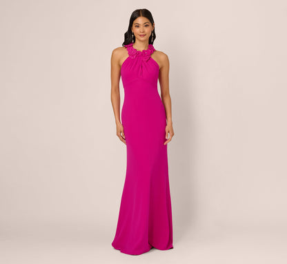 Floral Embellished Crossover Halter Gown - Pink Flambe | Adrianna Papell