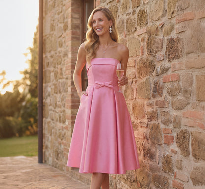 Strapless Bow Waist Mikado Midi Dress - Cherry Blossom | Adrianna Papell