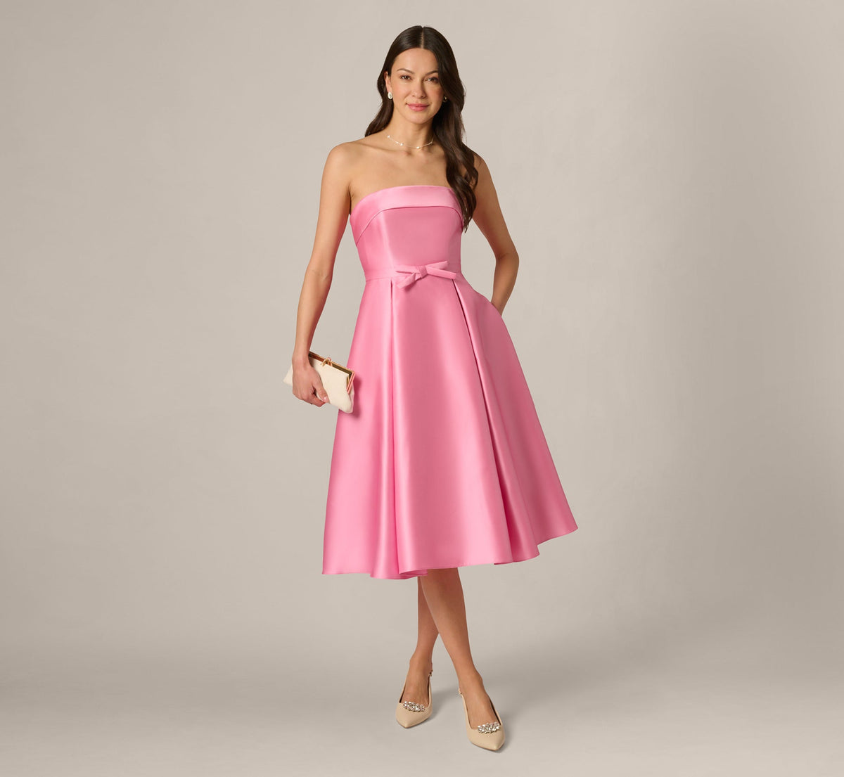 Strapless Bow Waist Mikado Midi Dress - Cherry Blossom | Adrianna Papell