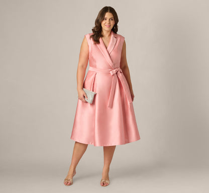 Plus Size Mikado Lapel Belted Midi Dress - Apricot Ice | Adrianna Papell