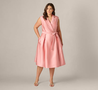 Plus Size Mikado Lapel Belted Midi Dress - Apricot Ice | Adrianna Papell