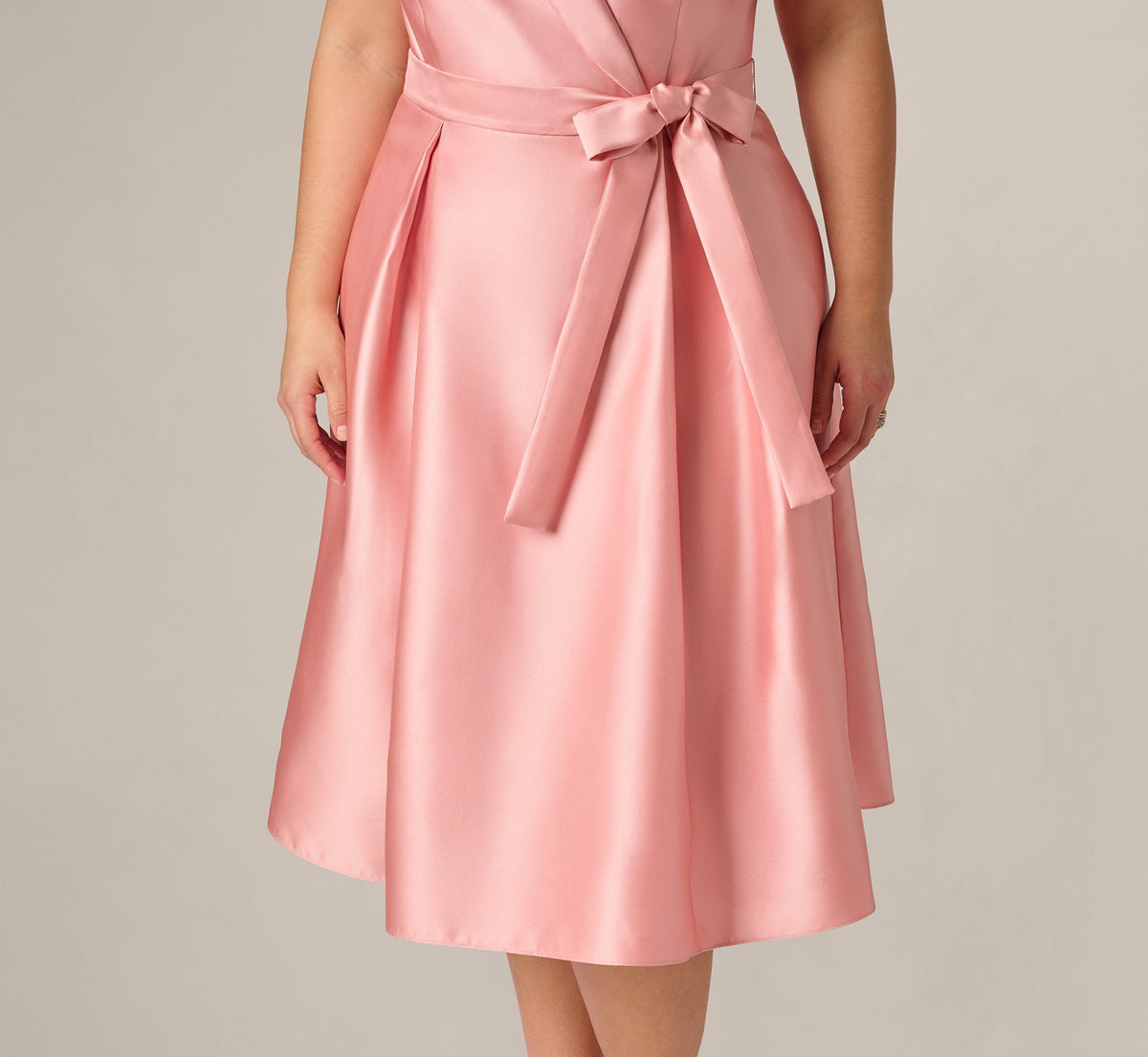 Plus Size Mikado Lapel Belted Midi Dress - Apricot Ice | Adrianna Papell