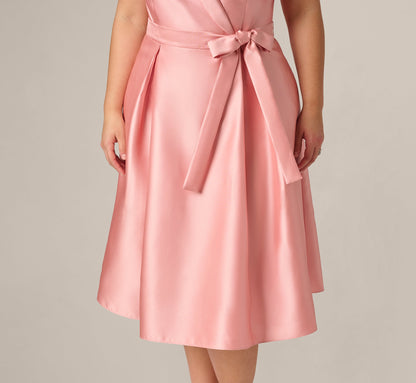 Plus Size Mikado Lapel Belted Midi Dress - Apricot Ice | Adrianna Papell