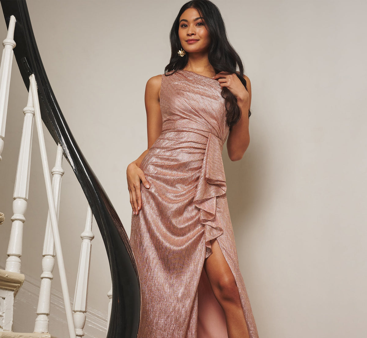Draped Metallic Foil Long Dress - Rose Gold | Adrianna Papell