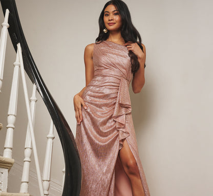 Draped Metallic Foil Long Dress - Rose Gold | Adrianna Papell