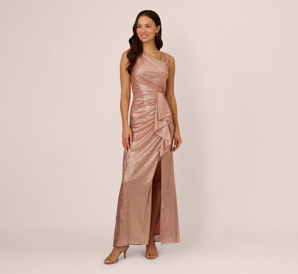 Draped Metallic Foil Long Dress - Rose Gold | Adrianna Papell