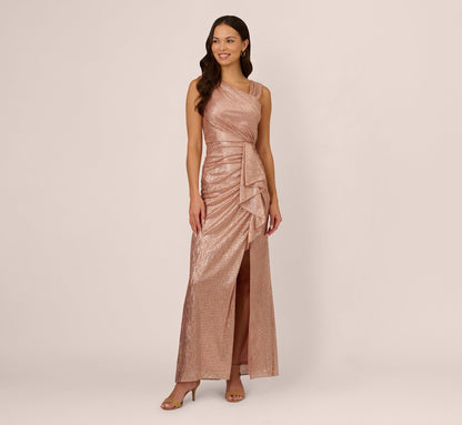 Draped Metallic Foil Long Dress - Rose Gold | Adrianna Papell