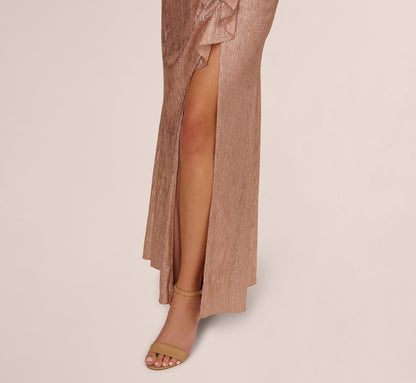Draped Metallic Foil Long Dress - Rose Gold | Adrianna Papell