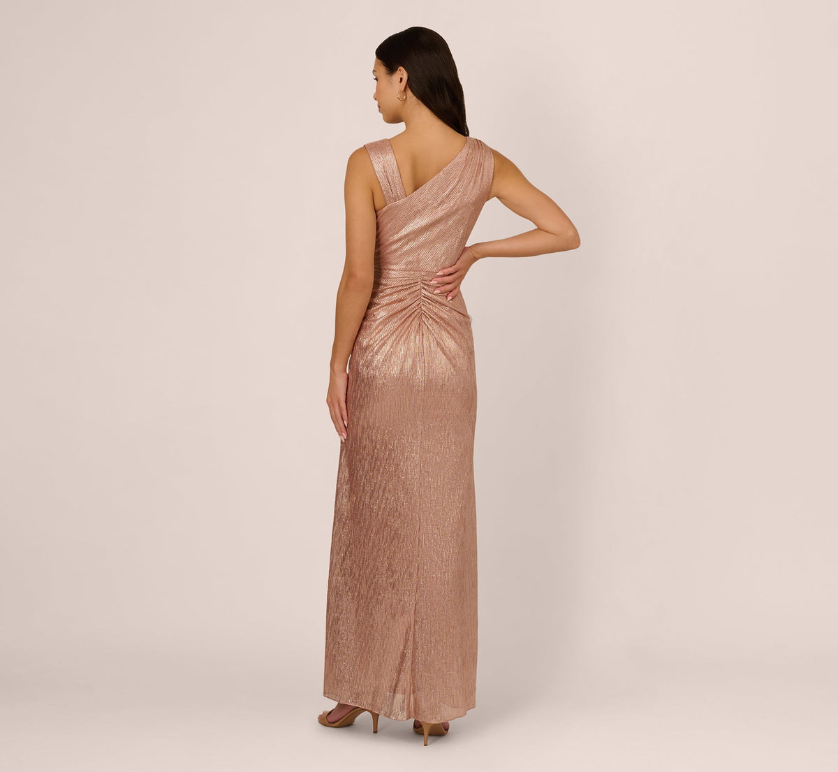 Draped Metallic Foil Long Dress - Rose Gold | Adrianna Papell