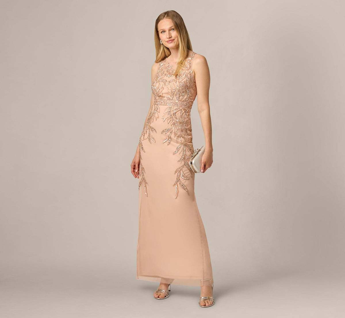 Adrianna Papell Hand-Beaded Sleeveless Slim Column Gown - Rose Gold | Adrianna Papell