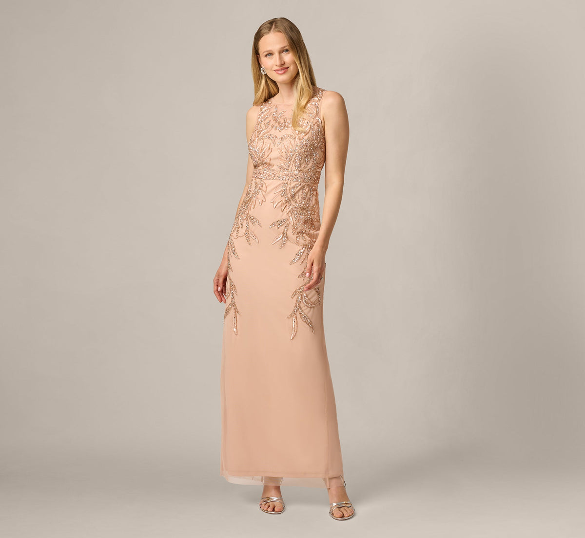 Adrianna Papell Hand-Beaded Sleeveless Slim Column Gown - Rose Gold | Adrianna Papell
