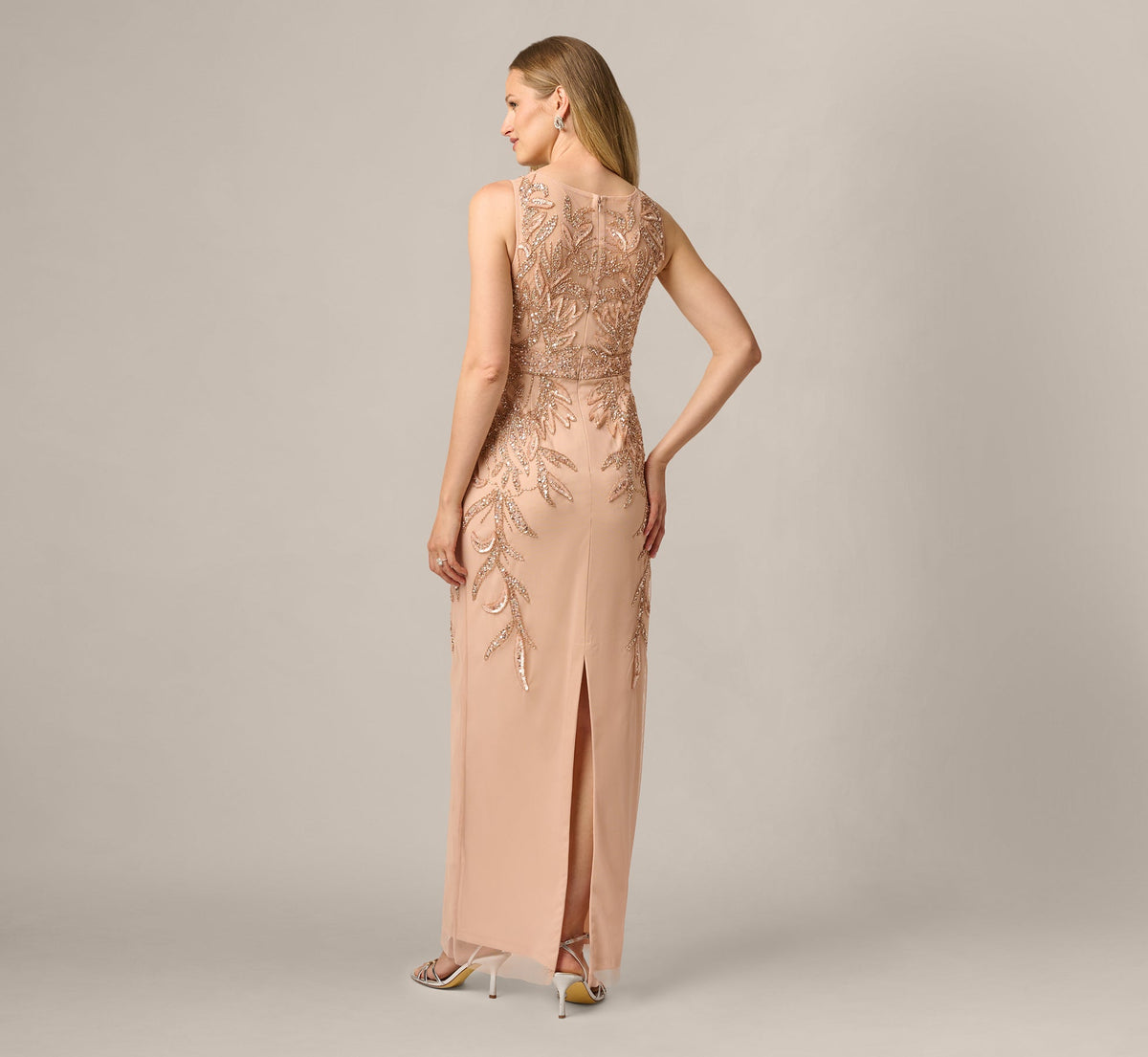 Adrianna Papell Hand-Beaded Sleeveless Slim Column Gown - Rose Gold | Adrianna Papell