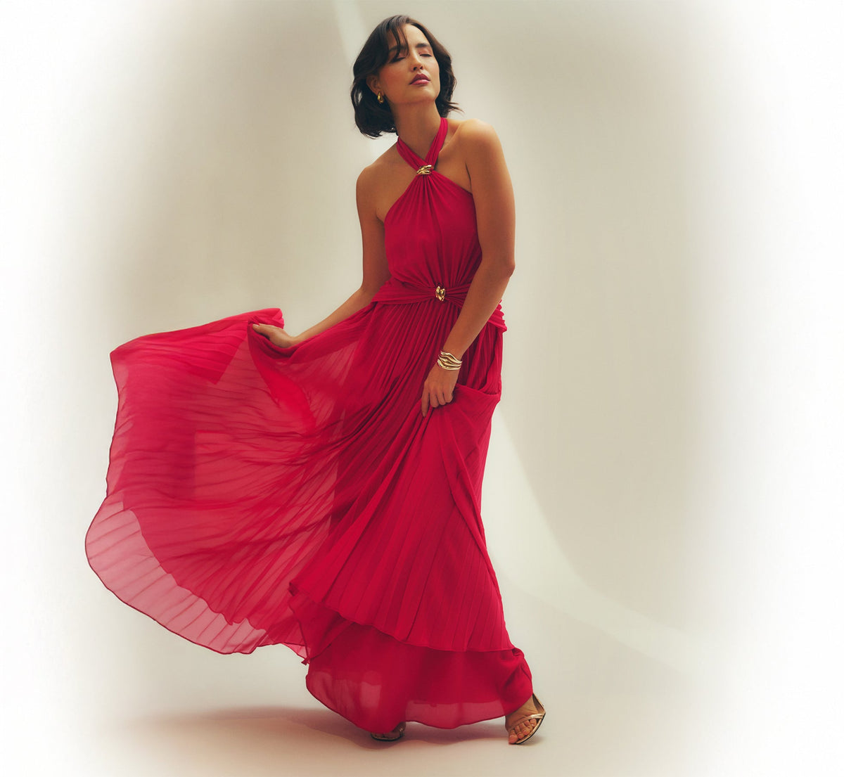 Pleated Chiffon Hardware Halter Gown - Pink Cherry | Adrianna Papell