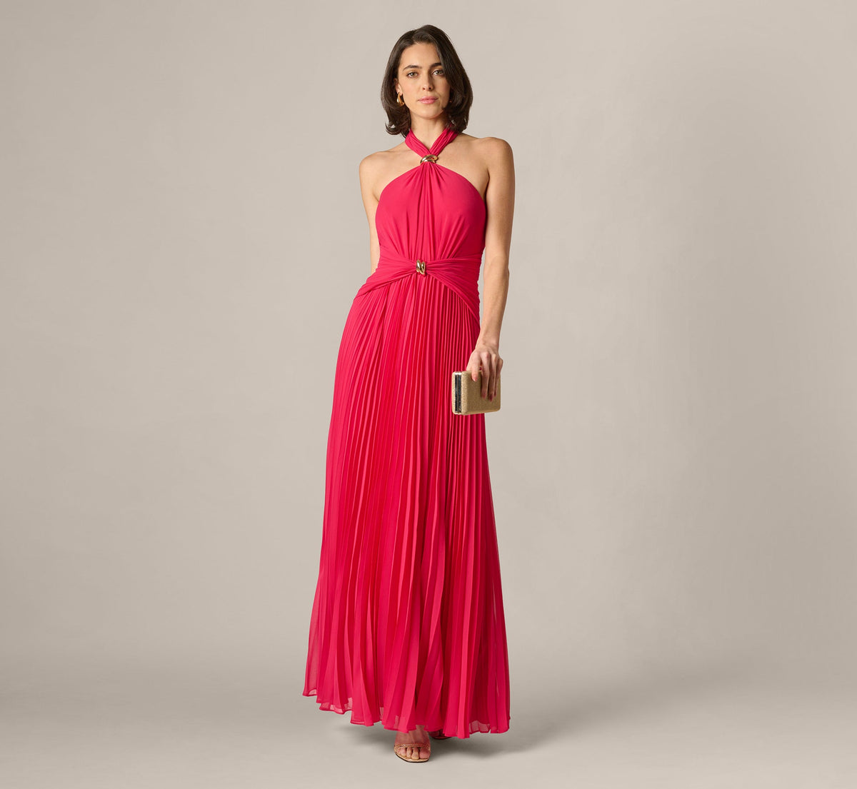 Pleated Chiffon Hardware Halter Gown - Pink Cherry | Adrianna Papell