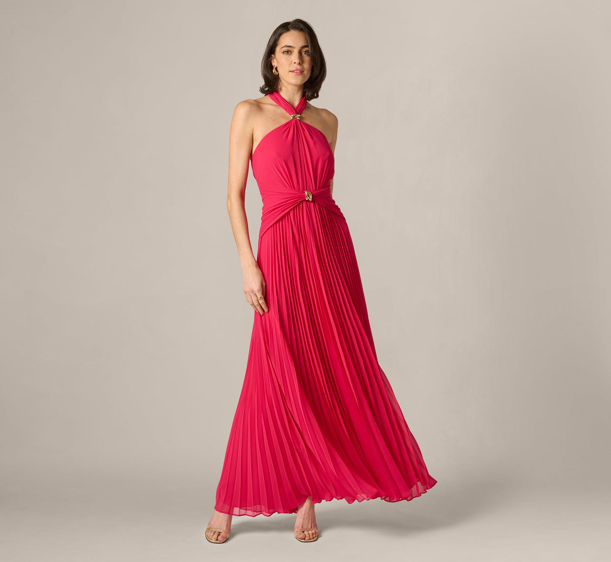 Pleated Chiffon Hardware Halter Gown - Pink Cherry | Adrianna Papell