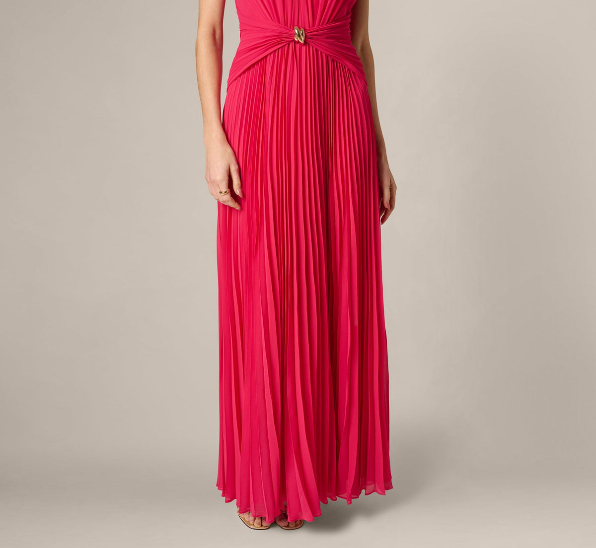 Pleated Chiffon Hardware Halter Gown - Pink Cherry | Adrianna Papell