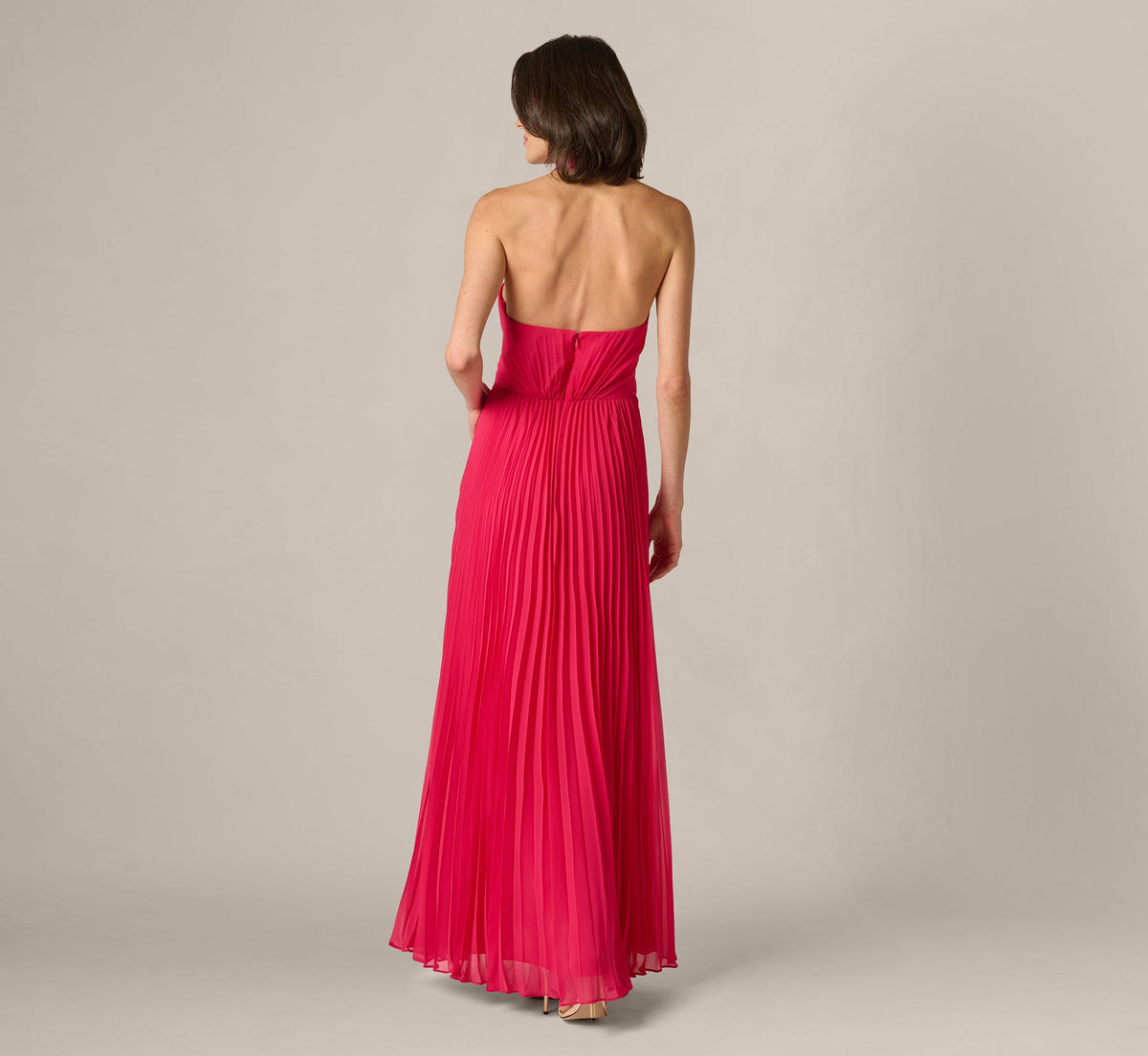 Pleated Chiffon Hardware Halter Gown - Pink Cherry | Adrianna Papell