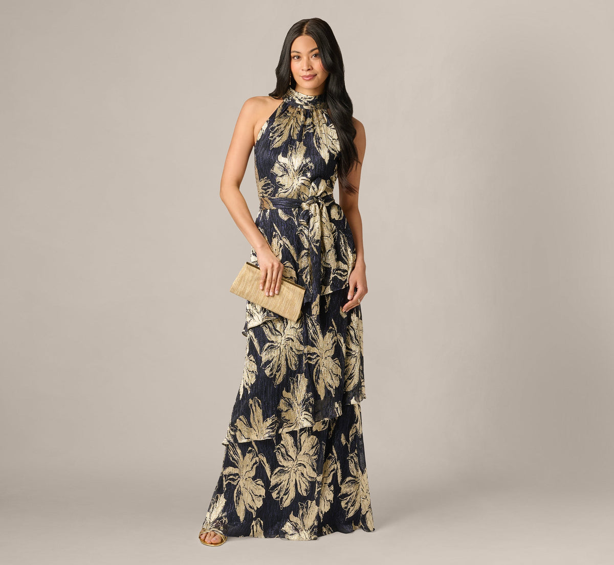 Floral Metallic Chiffon Tiered Halter Gown - Navy Gold | Adrianna Papell