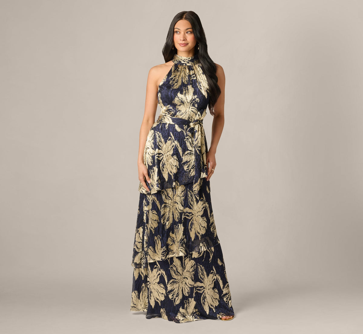 Floral Metallic Chiffon Tiered Halter Gown - Navy Gold | Adrianna Papell