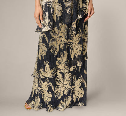 Floral Metallic Chiffon Tiered Halter Gown - Navy Gold | Adrianna Papell