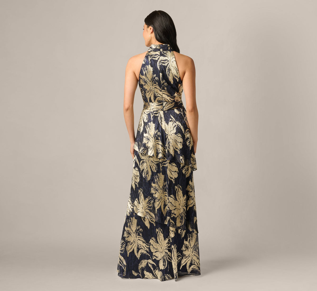 Floral Metallic Chiffon Tiered Halter Gown - Navy Gold | Adrianna Papell