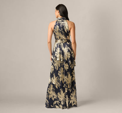Floral Metallic Chiffon Tiered Halter Gown - Navy Gold | Adrianna Papell