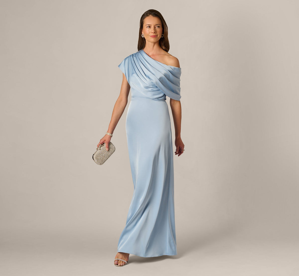 Asymmetrical Draped Neck Stretch Satin Gown - Elegant Sky | Adrianna Papell