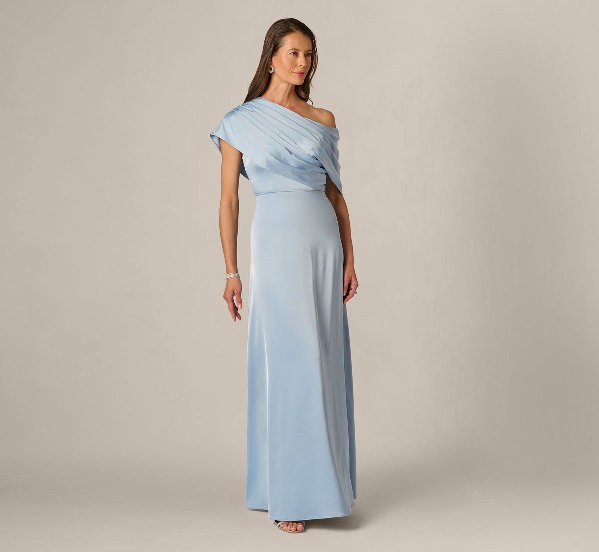 Asymmetrical Draped Neck Stretch Satin Gown - Elegant Sky | Adrianna Papell