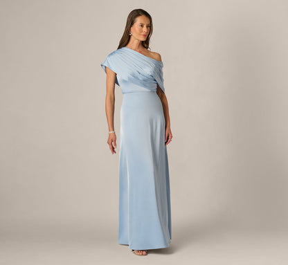 Asymmetrical Draped Neck Stretch Satin Gown - Elegant Sky | Adrianna Papell