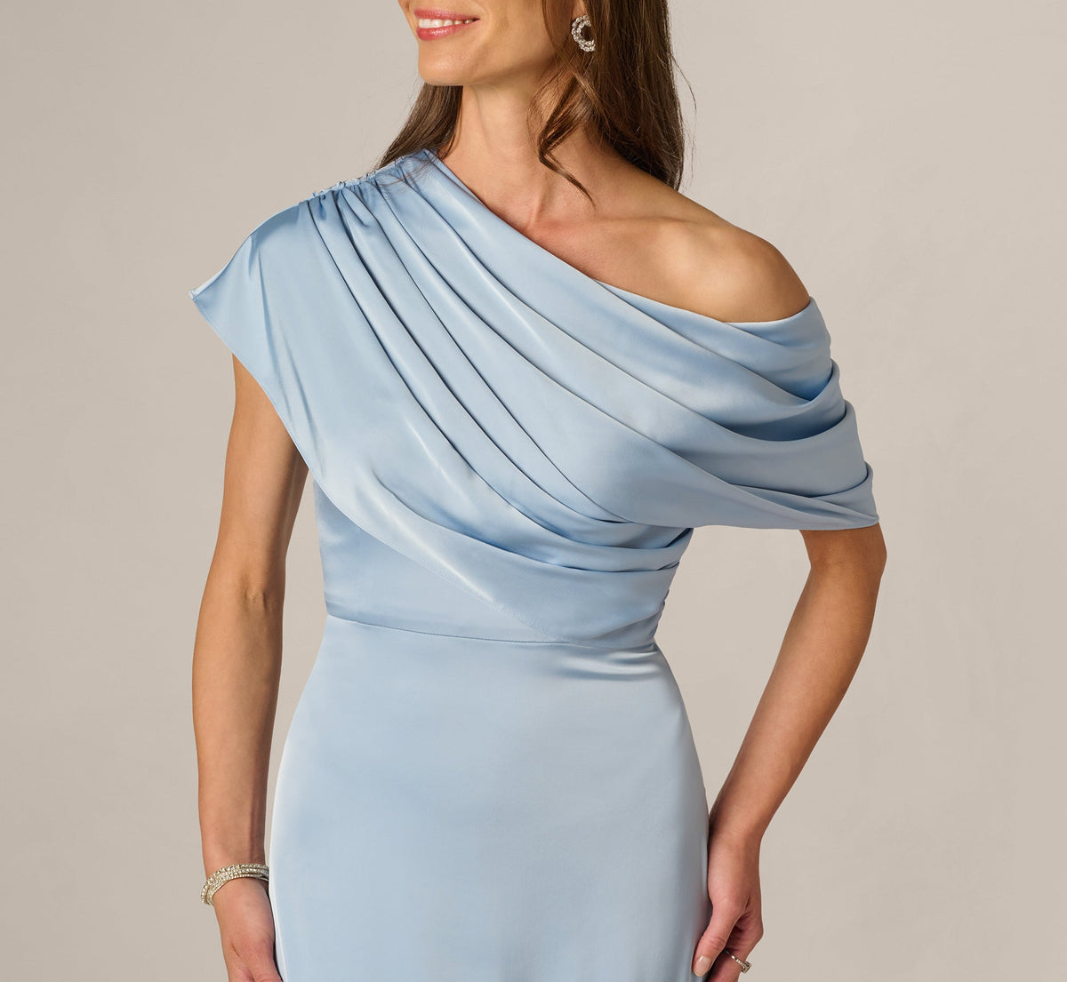 Asymmetrical Draped Neck Stretch Satin Gown - Elegant Sky | Adrianna Papell