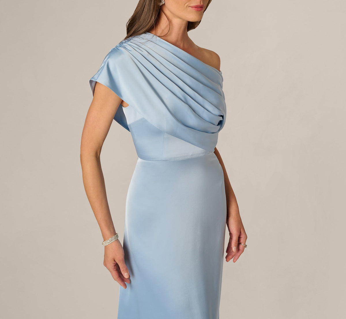 Asymmetrical Draped Neck Stretch Satin Gown - Elegant Sky | Adrianna Papell