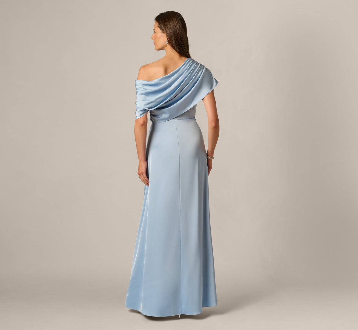 Asymmetrical Draped Neck Stretch Satin Gown - Elegant Sky | Adrianna Papell