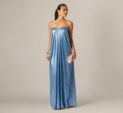 Strapless Foil Chiffon Trapeze Gown - Azure Blue | Adrianna Papell
