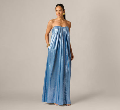 Strapless Foil Chiffon Trapeze Gown - Azure Blue | Adrianna Papell