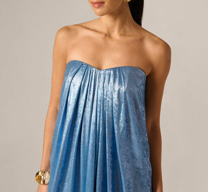 Strapless Foil Chiffon Trapeze Gown - Azure Blue | Adrianna Papell