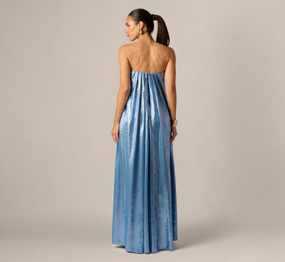Strapless Foil Chiffon Trapeze Gown - Azure Blue | Adrianna Papell