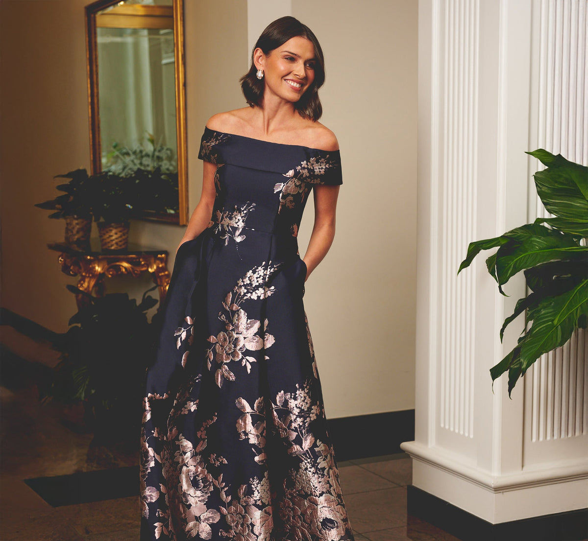 Off Shoulder Metallic Floral Jacquard Gown - Navy Blush | Adrianna Papell