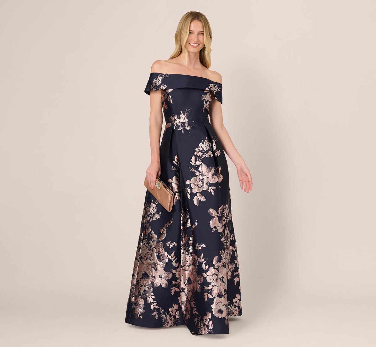 Off Shoulder Metallic Floral Jacquard Gown - Navy Blush | Adrianna Papell
