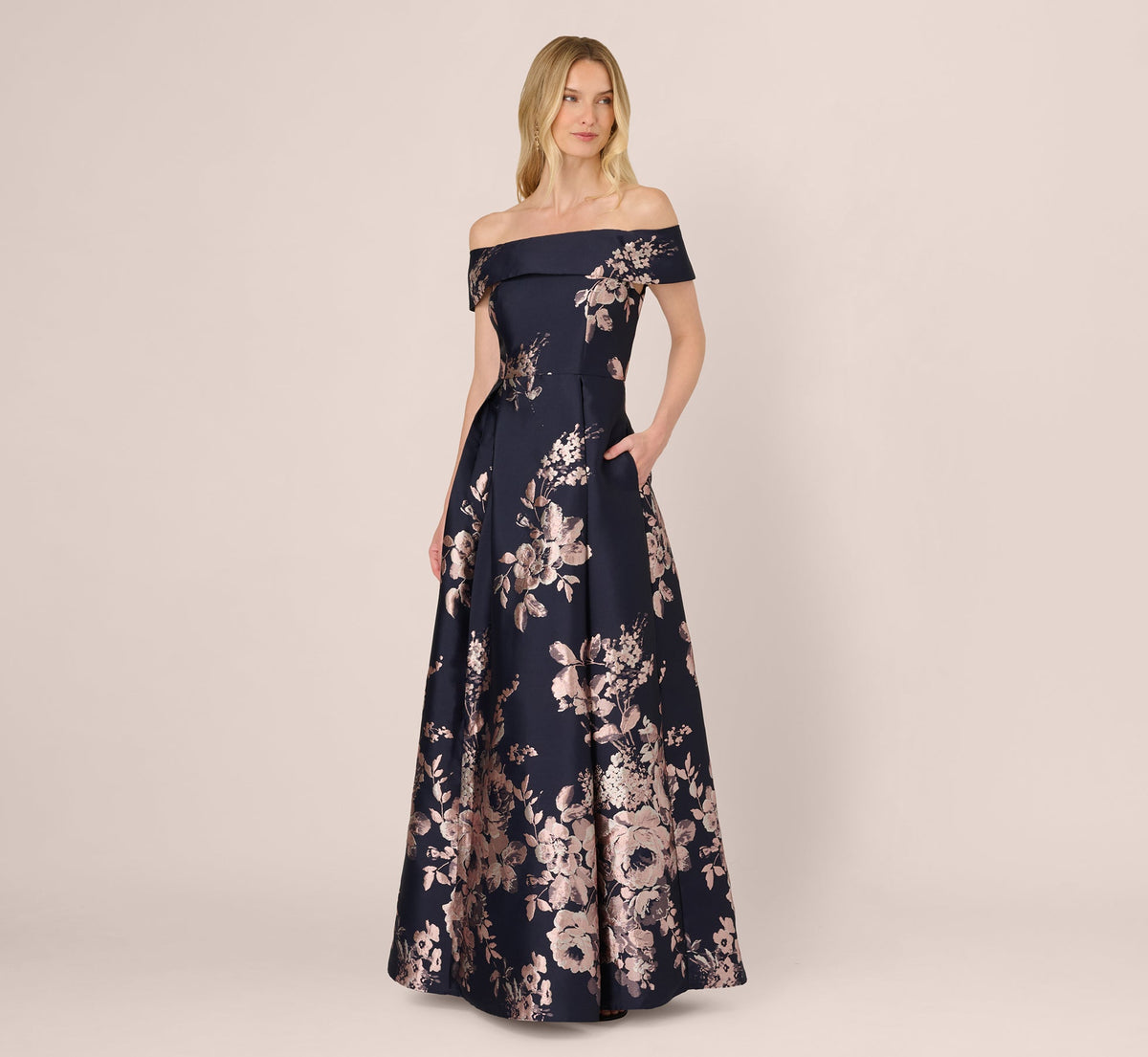 Off Shoulder Metallic Floral Jacquard Gown - Navy Blush | Adrianna Papell