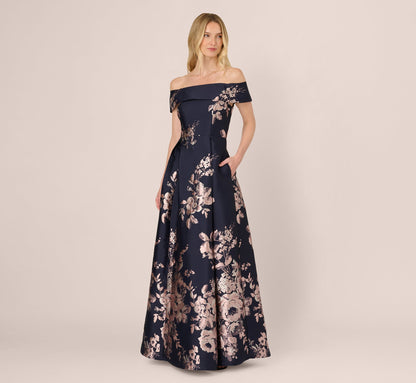 Off Shoulder Metallic Floral Jacquard Gown - Navy Blush | Adrianna Papell