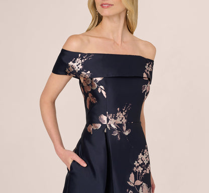 Off Shoulder Metallic Floral Jacquard Gown - Navy Blush | Adrianna Papell