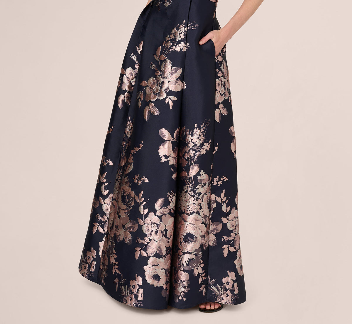 Off Shoulder Metallic Floral Jacquard Gown - Navy Blush | Adrianna Papell