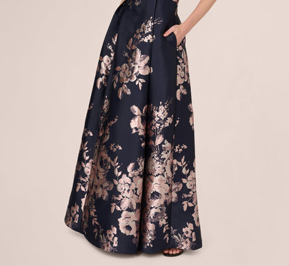 Off Shoulder Metallic Floral Jacquard Gown - Navy Blush | Adrianna Papell