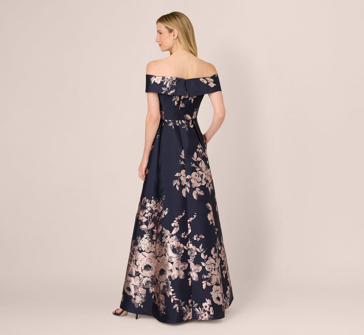 Off Shoulder Metallic Floral Jacquard Gown - Navy Blush | Adrianna Papell