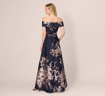 Off Shoulder Metallic Floral Jacquard Gown - Navy Blush | Adrianna Papell