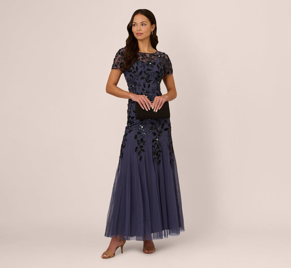 Hand Beaded Short Sleeve Floral Godet Gown - Smoky Peri | Adrianna Papell